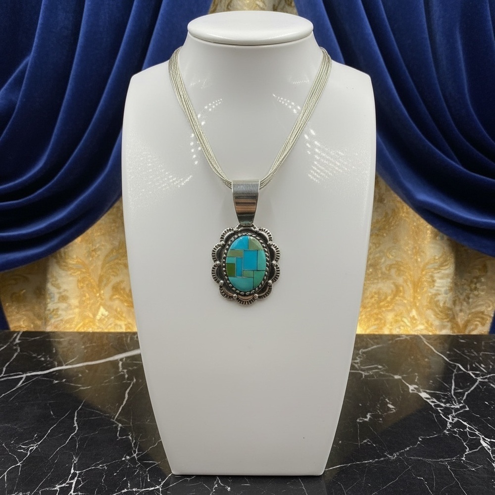 Silver Mosaic  Shades of Turquoise Necklace​​ singed “R”​